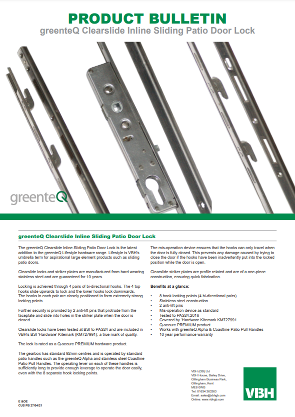 PB CUS greenteQ Clearslide Inline Sliding Patio Door Lock
